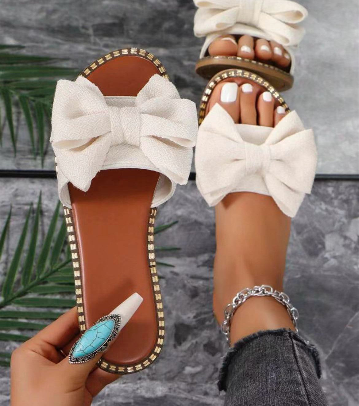 Flat Bottom Rhinestone Bowknot Slippers Women's Cloth Sandals