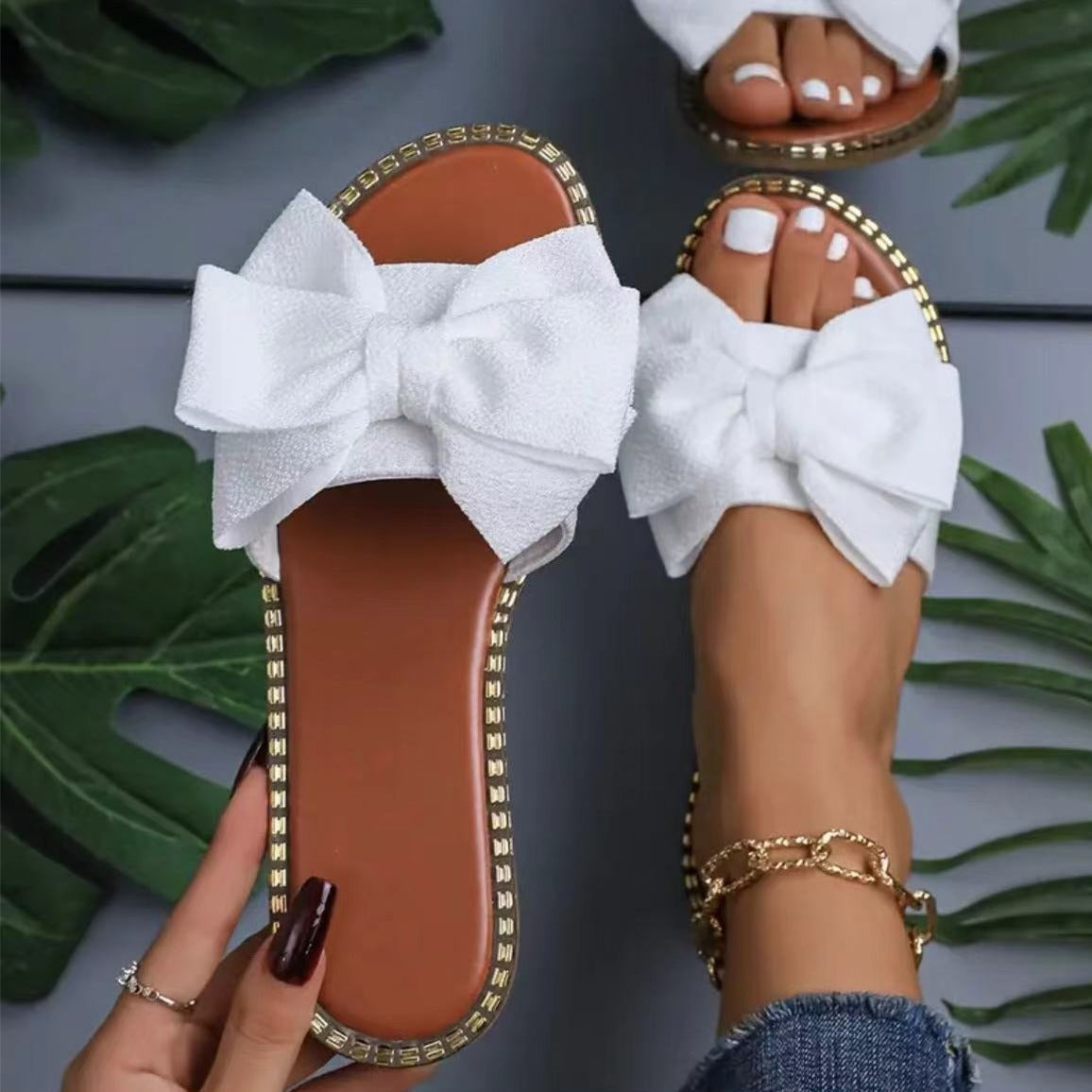 Flat Bottom Rhinestone Bowknot Slippers Women's Cloth Sandals