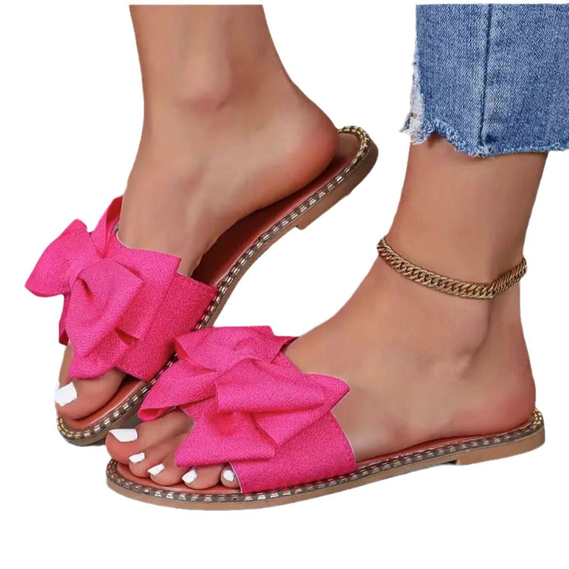 Flat Bottom Rhinestone Bowknot Slippers Women's Cloth Sandals