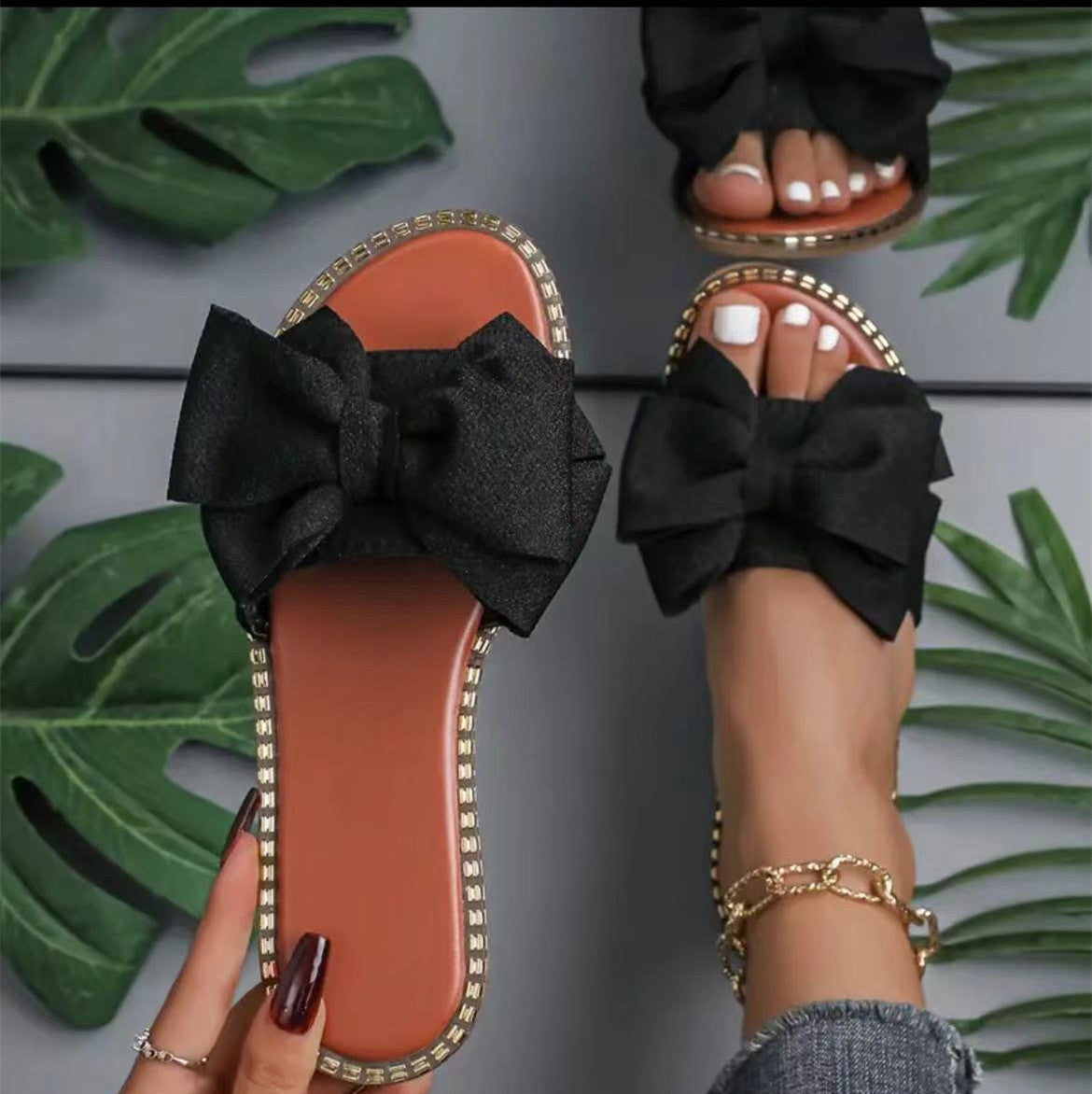 Flat Bottom Rhinestone Bowknot Slippers Women's Cloth Sandals