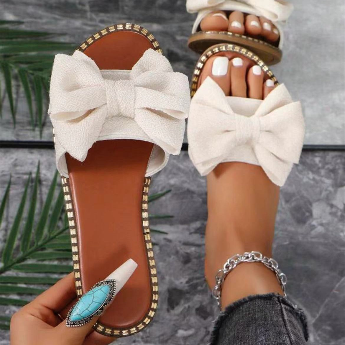 Flat Bottom Rhinestone Bowknot Slippers Women's Cloth Sandals